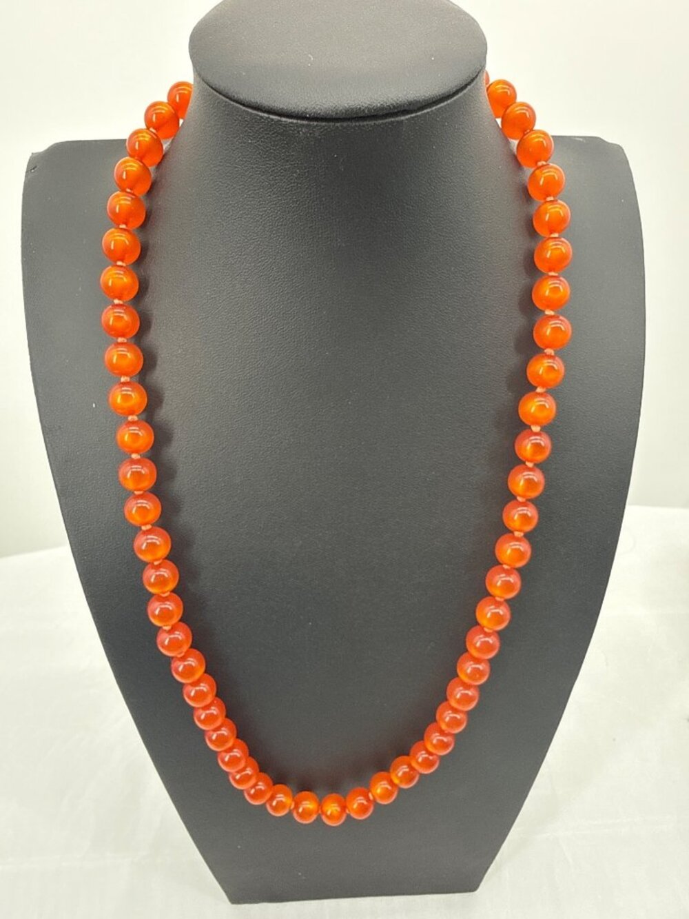 Vintage Carnelian Agate Hand Knotted Bead Necklace Orange Red Gemstone Japan